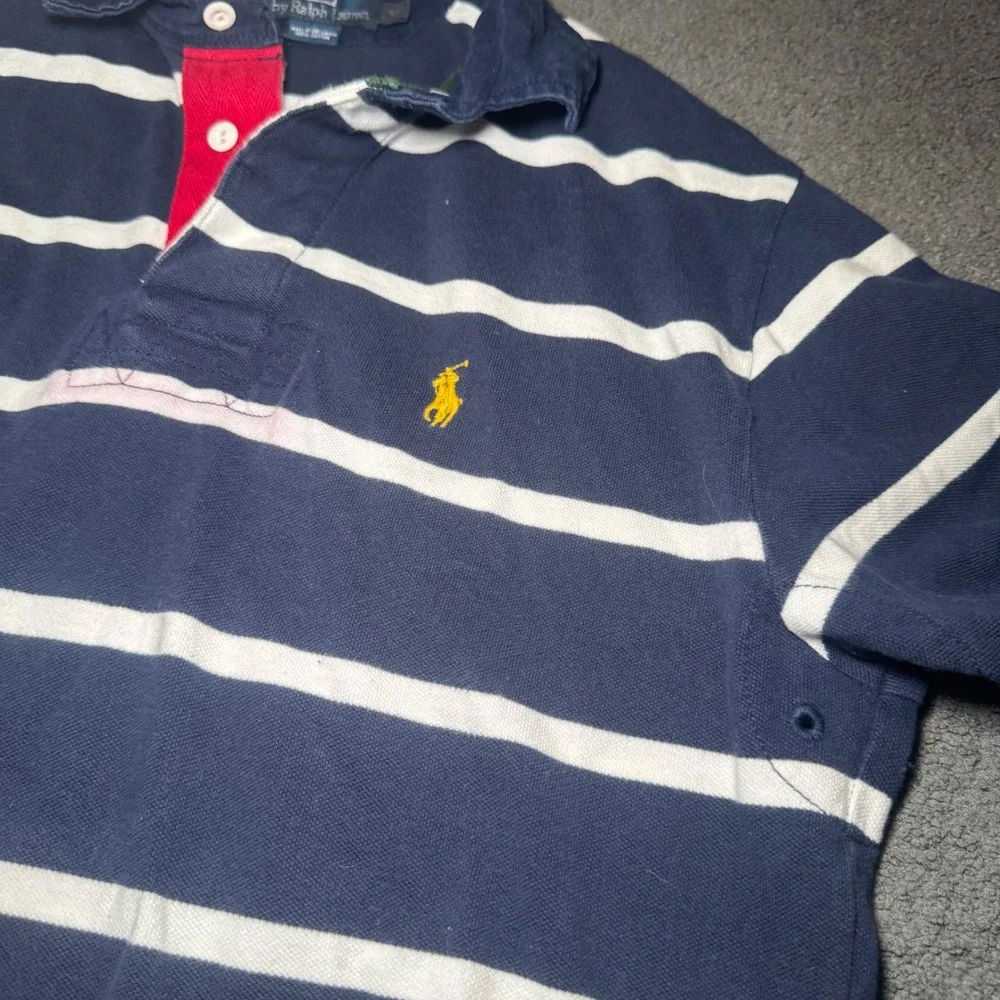 Polo Ralph Lauren Mens Medium Navy White Striped Pique Polo Shirt Yellow Pony